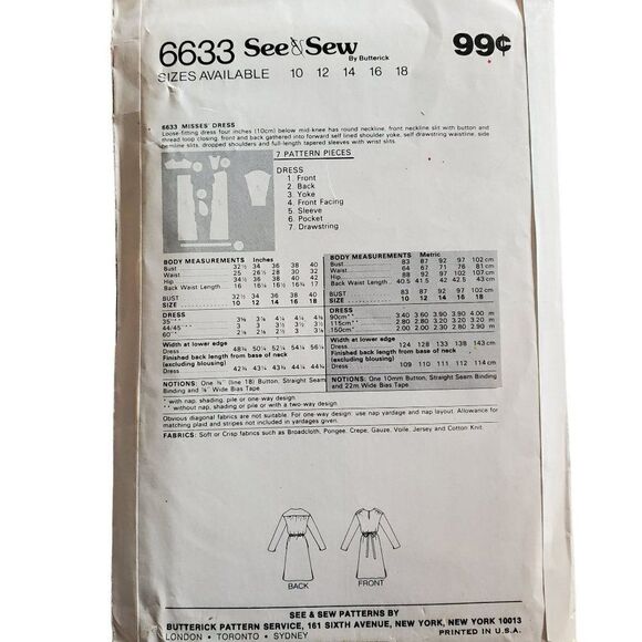 Vintage 80s Butterick Pattern 6633 Uncut Loose Drawstring Dress Sz 14 - Picture 2 of 2